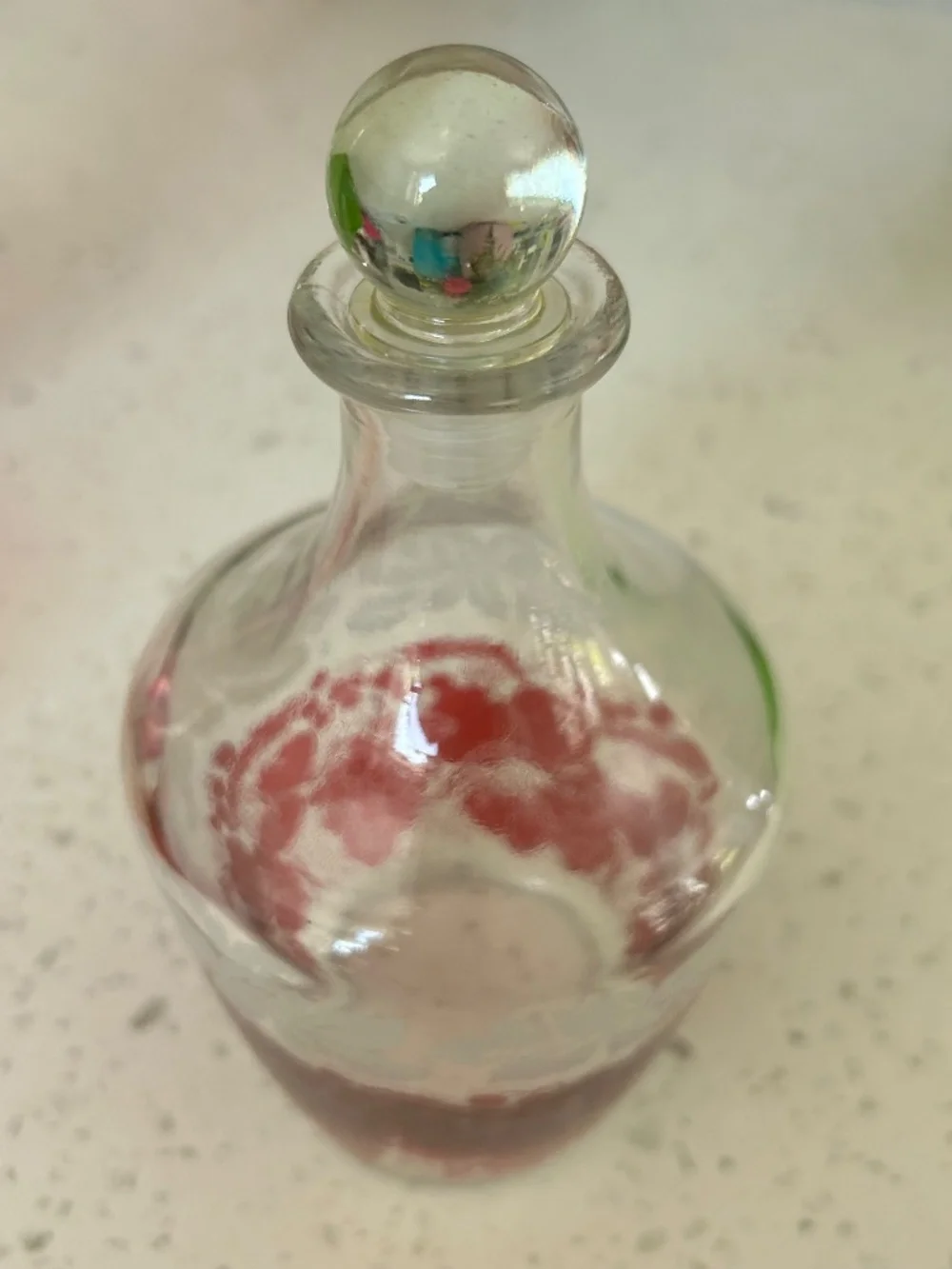 Vintage French Cranberry Etched Glass Cordial Decanter